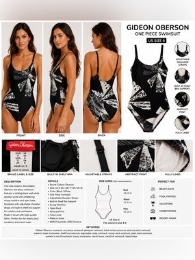 Gideon Oberson One Piece Swimsuit Women's US 6 Black White Abstract Print